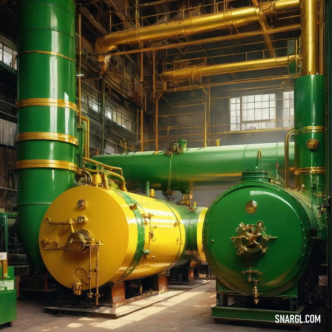 NCS S 4050-G20Y color example: Large green and yellow steam engine in a building with yellow piping pipes