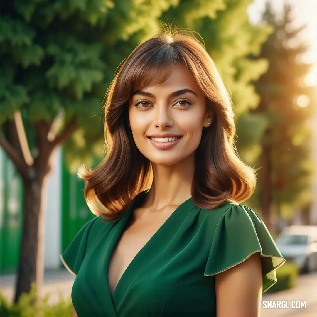 NCS S 4050-G20Y color. Woman in a green dress is smiling for the camera with a tree in the background