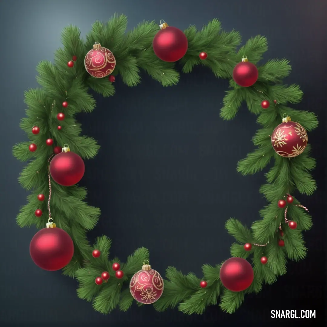 Christmas wreath with ornaments hanging from it's sides and a dark background. Example of RGB 129,28,39 color.