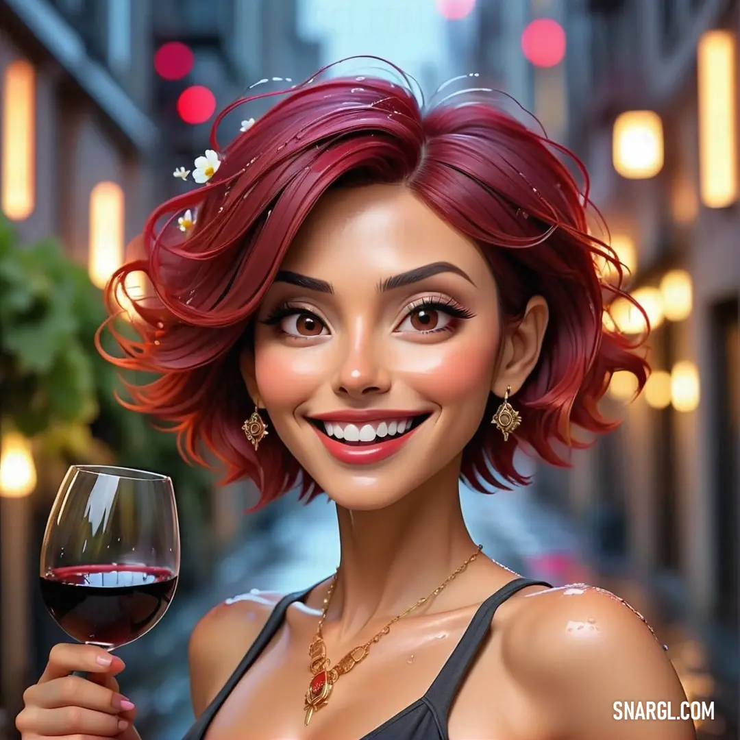 Woman with red hair holding a glass of wine in her hand and smiling at the camera with a city street in the background