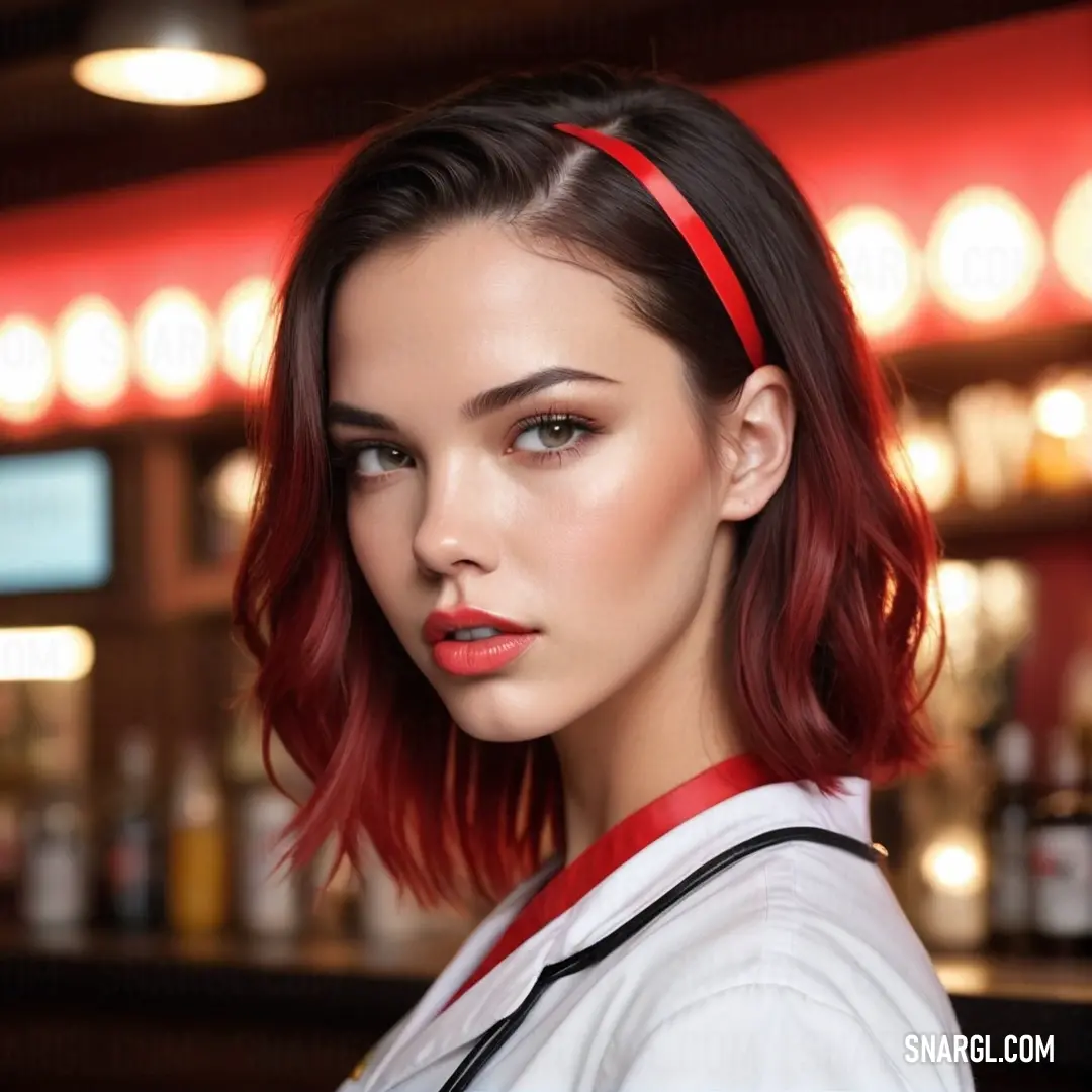 Woman with red hair and a white shirt is posing for a picture in a bar. Example of #811C27 color.