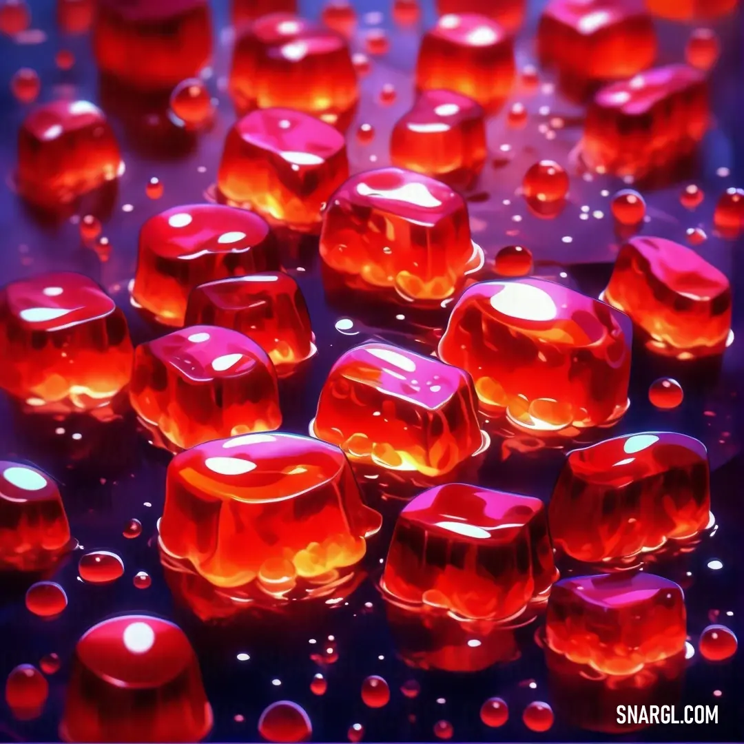 Bunch of red candles on top of a table covered in water droplets. Example of #6F0022 color.