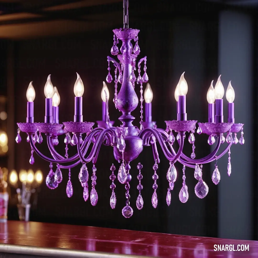 NCS S 4050-R40B color. Chandelier with purple glass hanging from it's center piece in a room with candles and a chandelier
