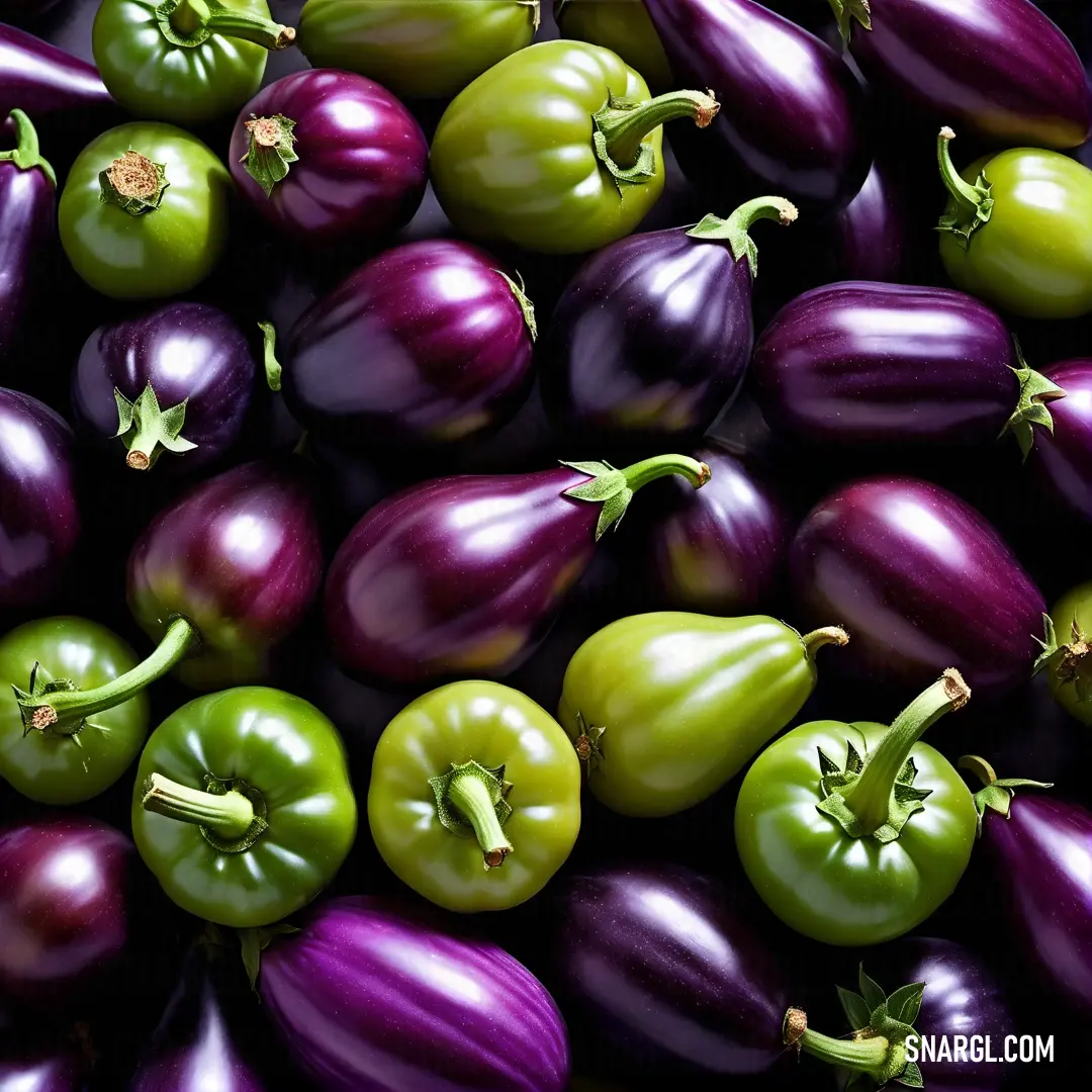 NCS S 4050-R40B color. Pile of purple and green peppers and tomatoes with green tops and purple