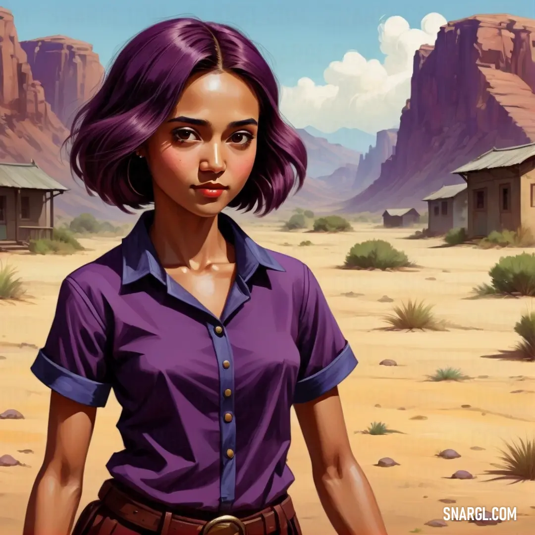 Woman with purple hair standing in a desert area with a mountain in the background. Example of RGB 109,1,104 color.