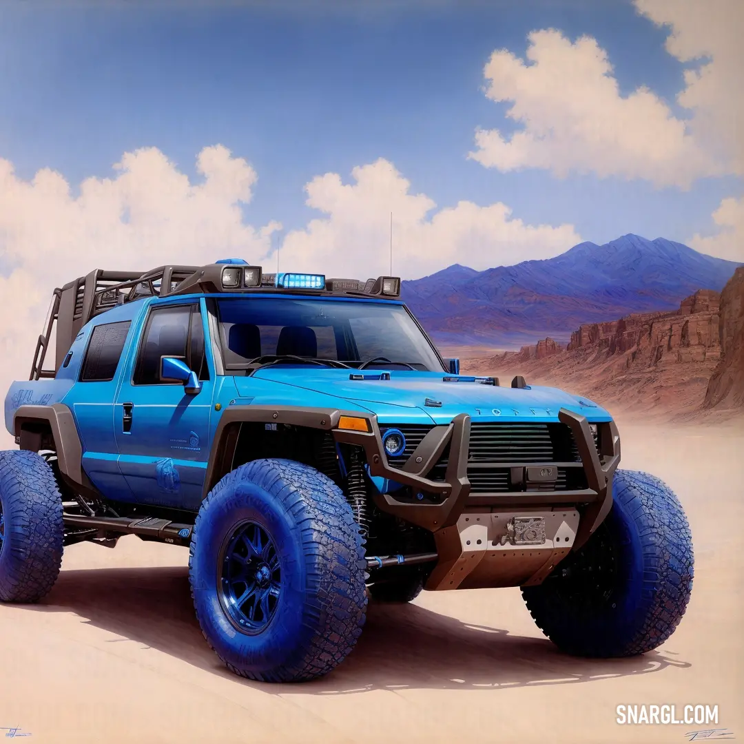 Blue truck with a big tire on a desert road with mountains in the background. Example of #343589 color.