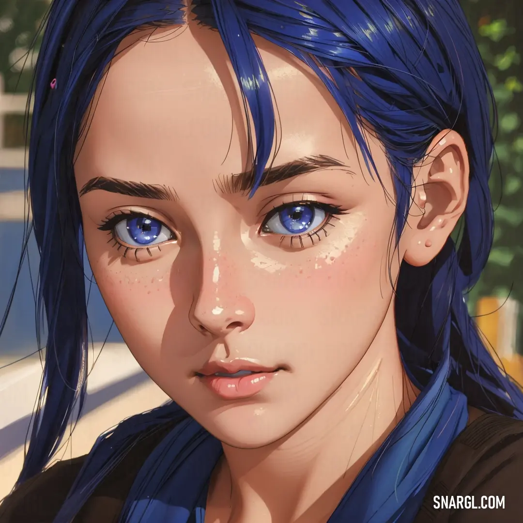 Close up of a person with blue hair and blue eyes and a black shirt and a tree in the background. Color RGB 52,53,137.