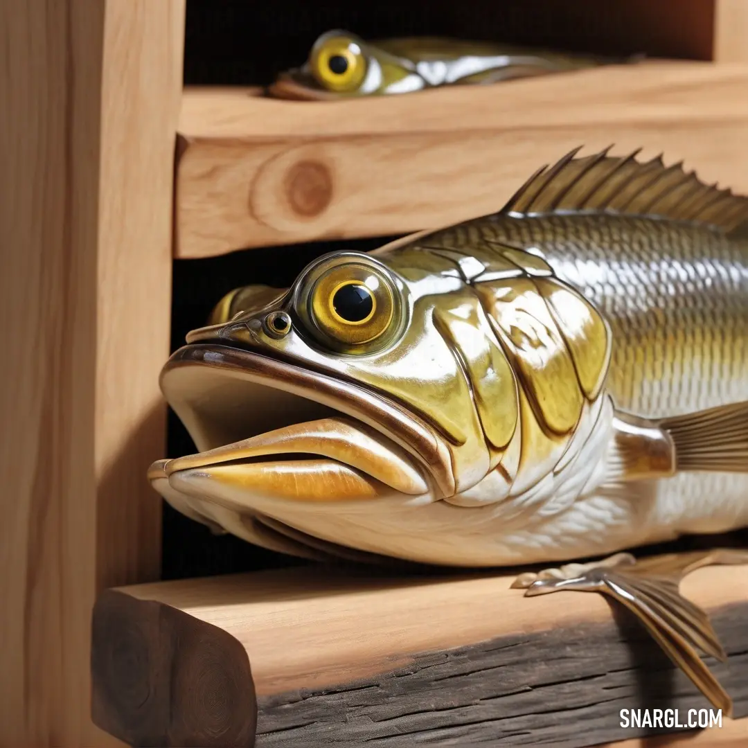 Fish statue on top of a wooden shelf next to a wooden shelf with two fish on it. Color NCS S 4050-Y.