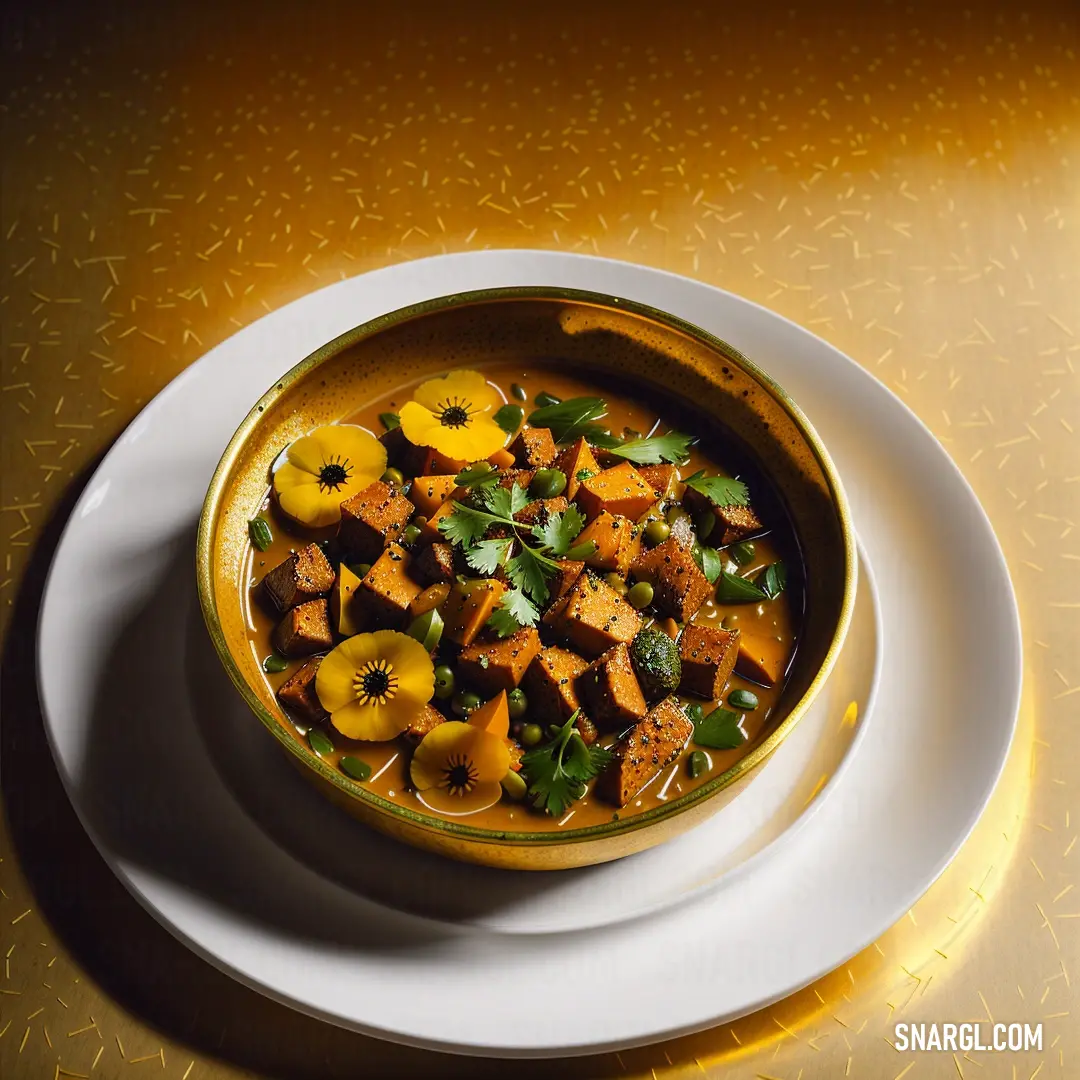 Bowl of food on a plate on a table top with a yellow table cloth. Example of RGB 145,92,0 color.