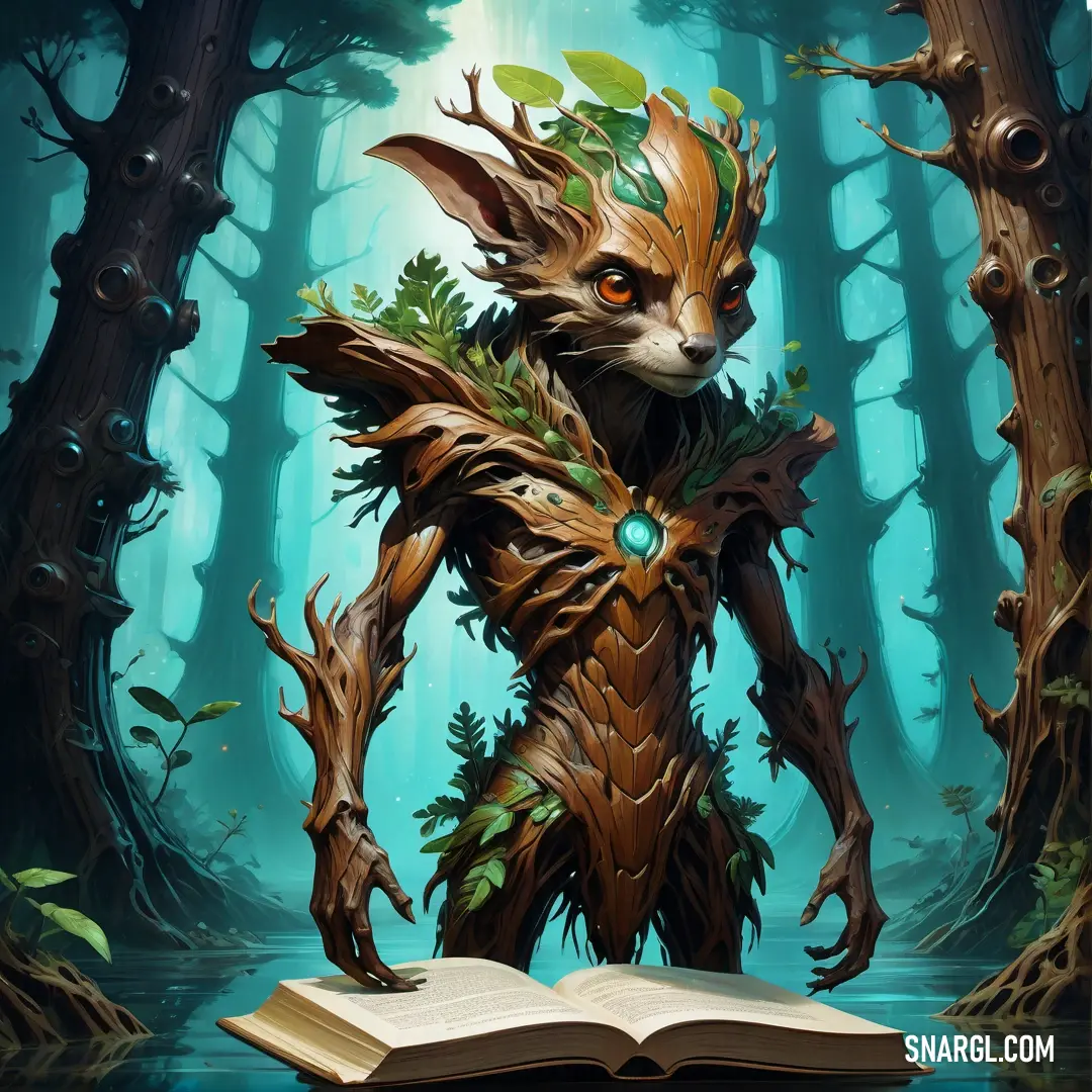 Book with a picture of a creature in the woods with a book open to it's pages. Color RGB 145,92,0.