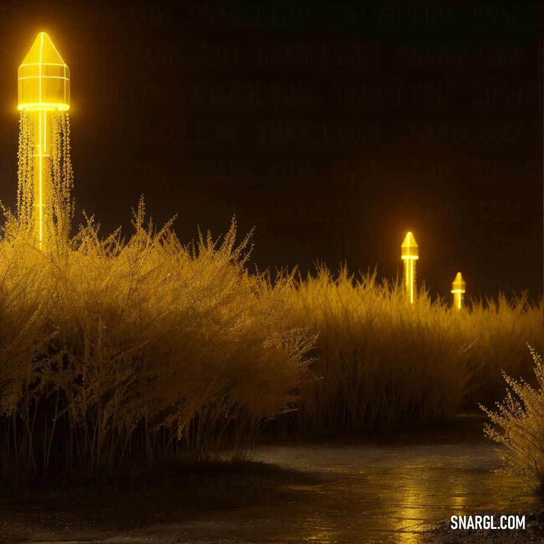 Yellow light shines on a tall tower in the night sky near a body of water. Color #915C00.