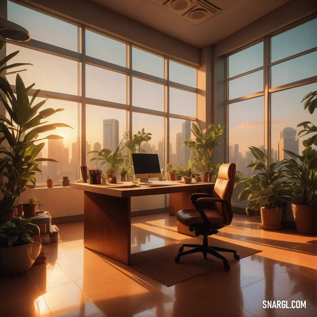 Chair in front of a desk in a room with large windows and a view of the city. Color #9B4800.