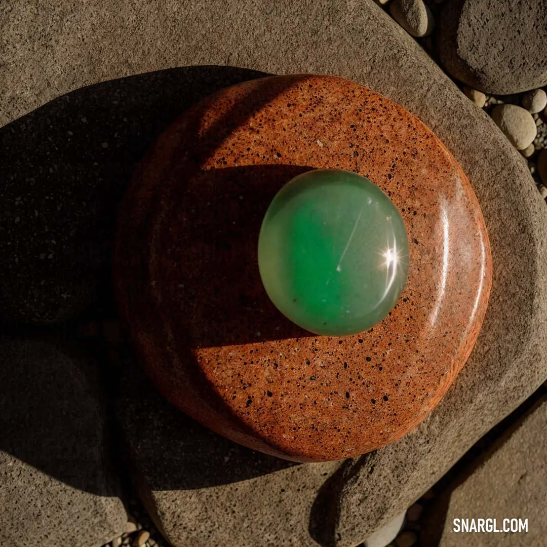 Green object on top of a rock covered ground next to a rock wall and a stone walkway. Color #9B4800.