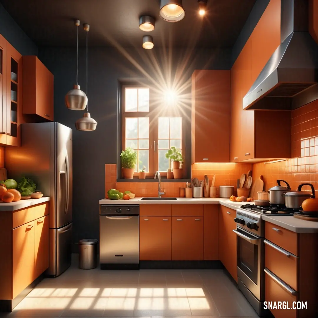 Kitchen with orange cabinets and a silver refrigerator and stove top oven and a window with light coming in. Color CMYK 0,62,98,40.