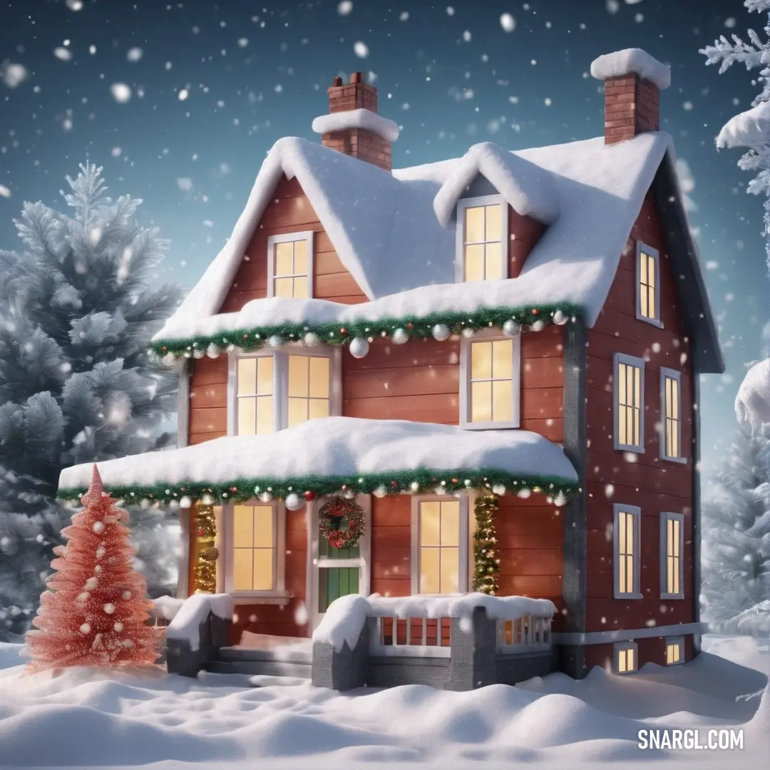 House with a christmas tree and a snow covered roof and porch is shown in the foreground. Color #943804.