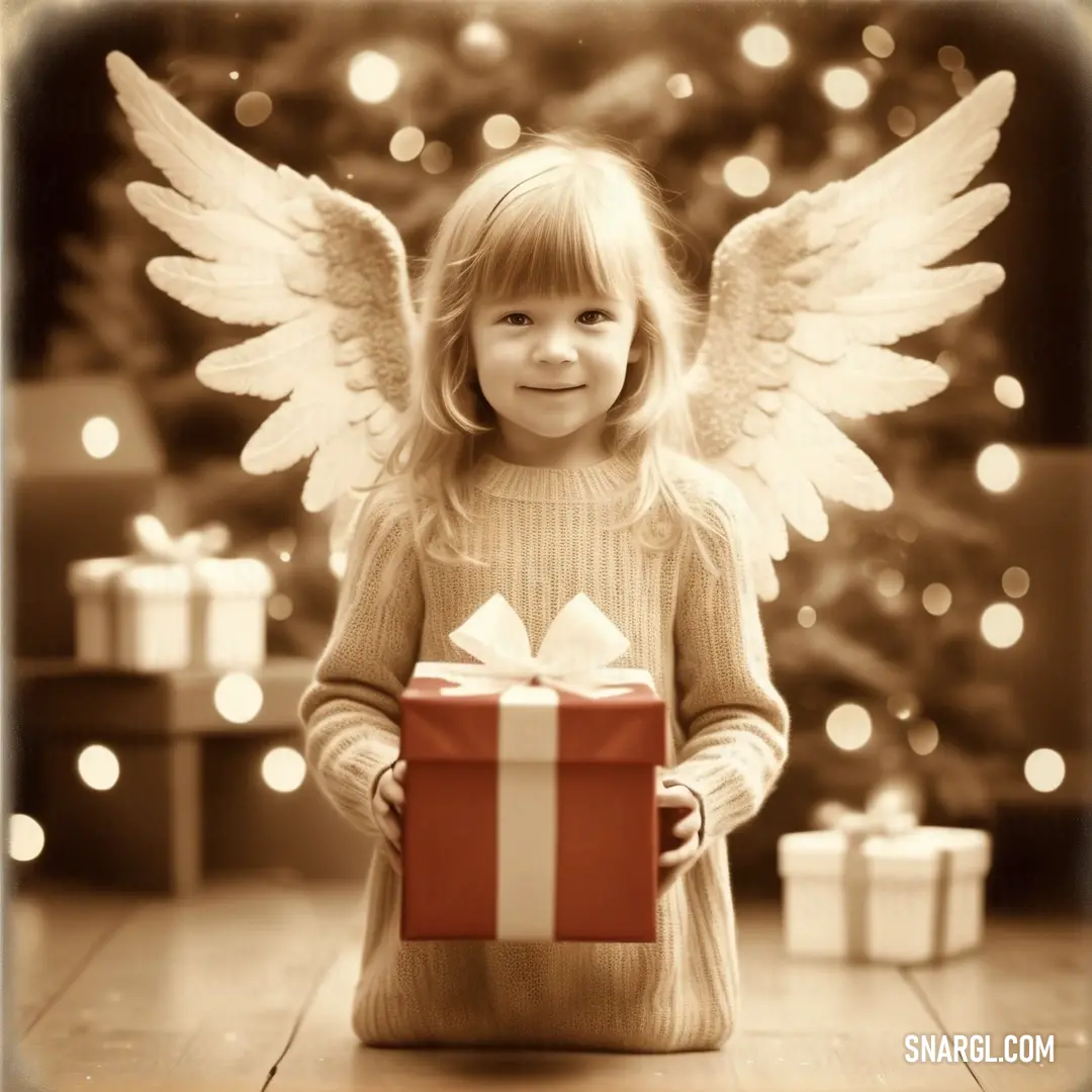 NCS S 4050-Y40R color example: Little girl holding a present with angel wings on it's back and a christmas tree in the background