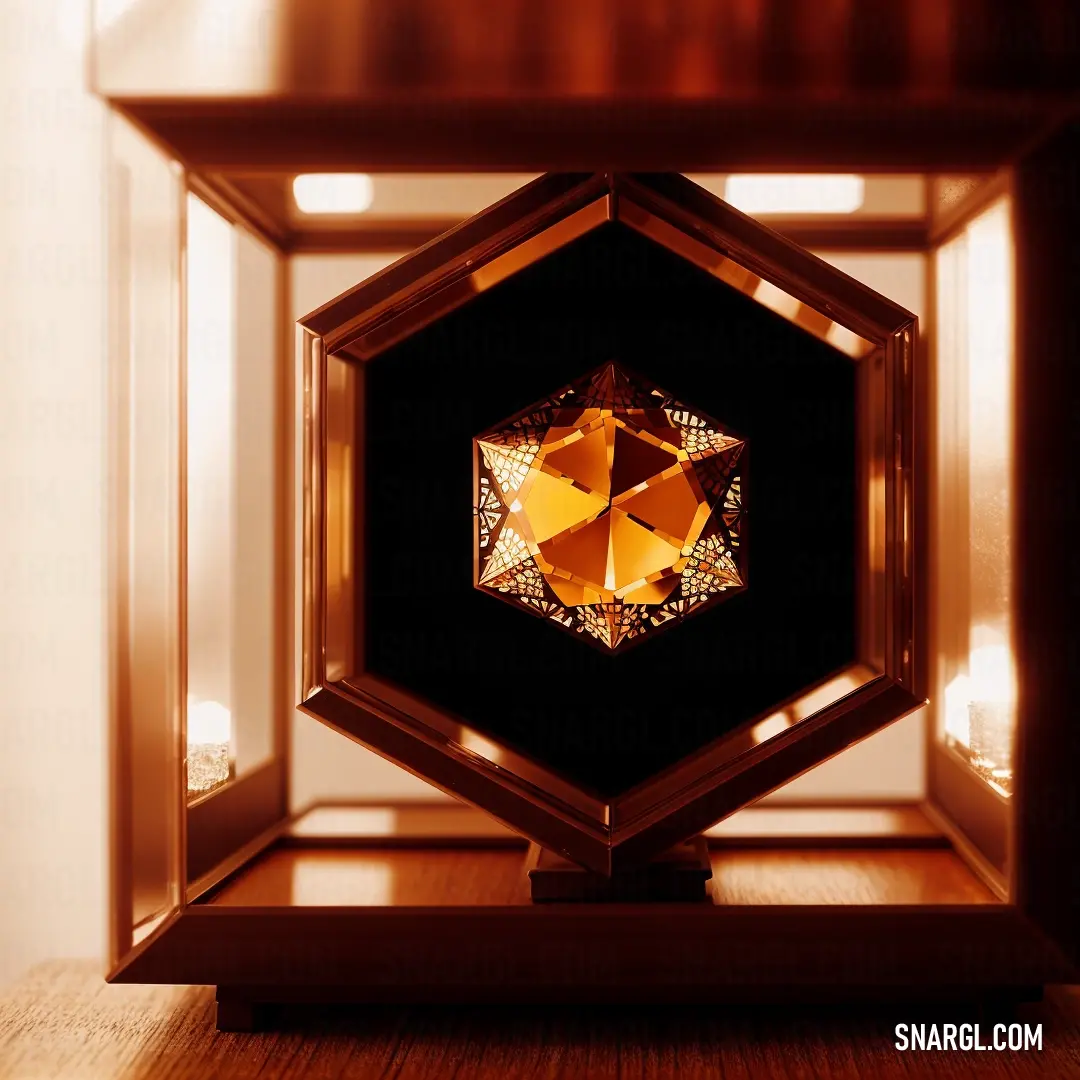 NCS S 4050-Y40R color example: Picture of a golden diamond in a glass frame on a table top with a light shining through the glass