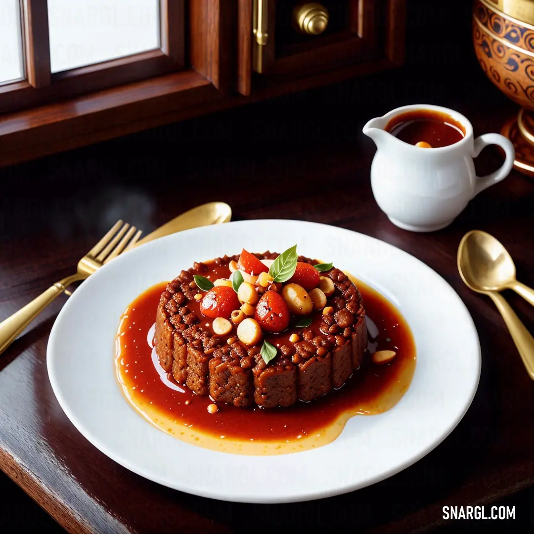 Plate of food with sauce and a cup of coffee on a table with a spoon and spoons. Color RGB 151,52,0.