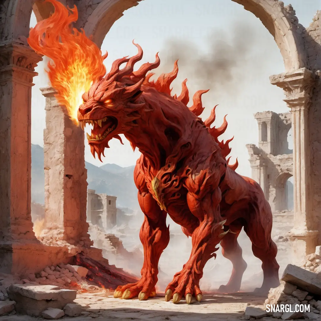Red dragon with a flame in its mouth standing in a ruined building with arches and pillars in the background. Example of NCS S 4050-Y50R color.