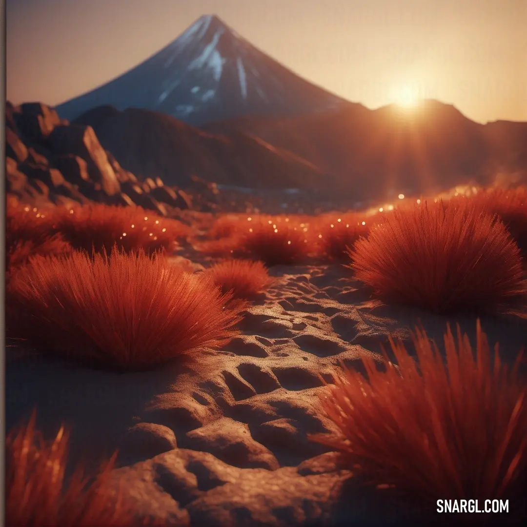 Path leading to a mountain with a sunset in the background. Example of RGB 151,52,0 color.