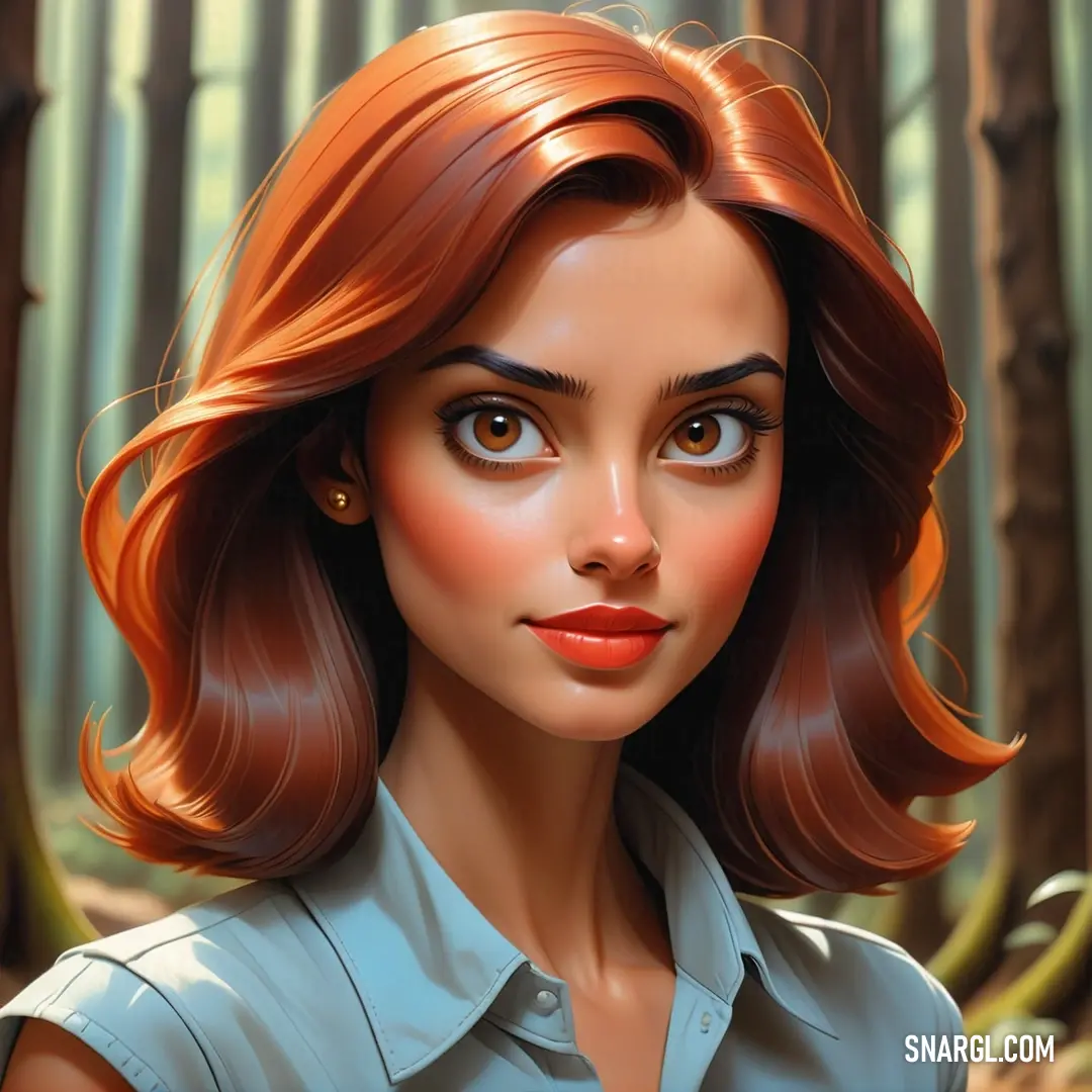 Woman with red hair and a blue shirt in a forest with trees. Color #973400.