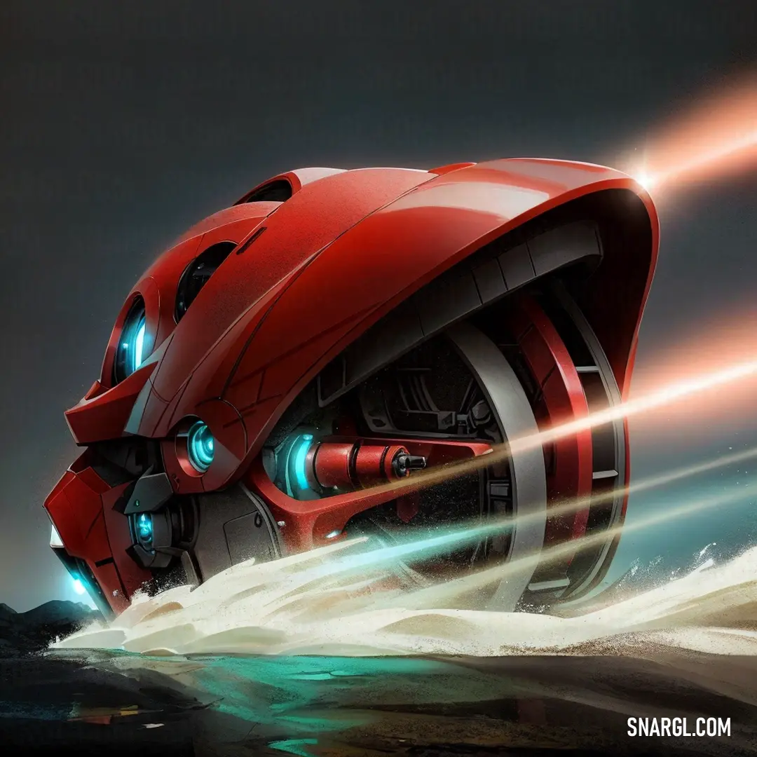 Futuristic vehicle with a red body and blue eyes driving through water with a red light coming from its rear end