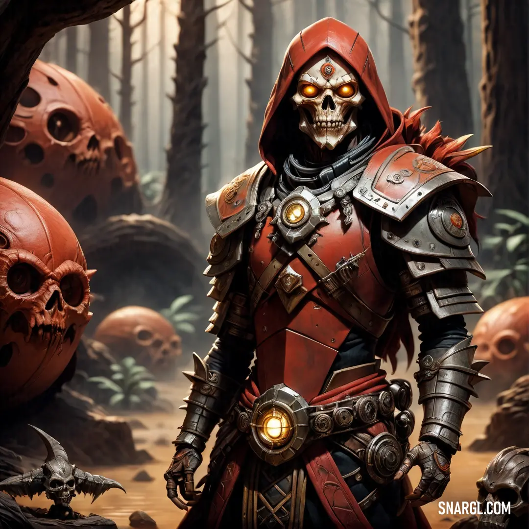 Man in a red and black outfit standing in a forest with skulls and skulls behind him and a skull in the background