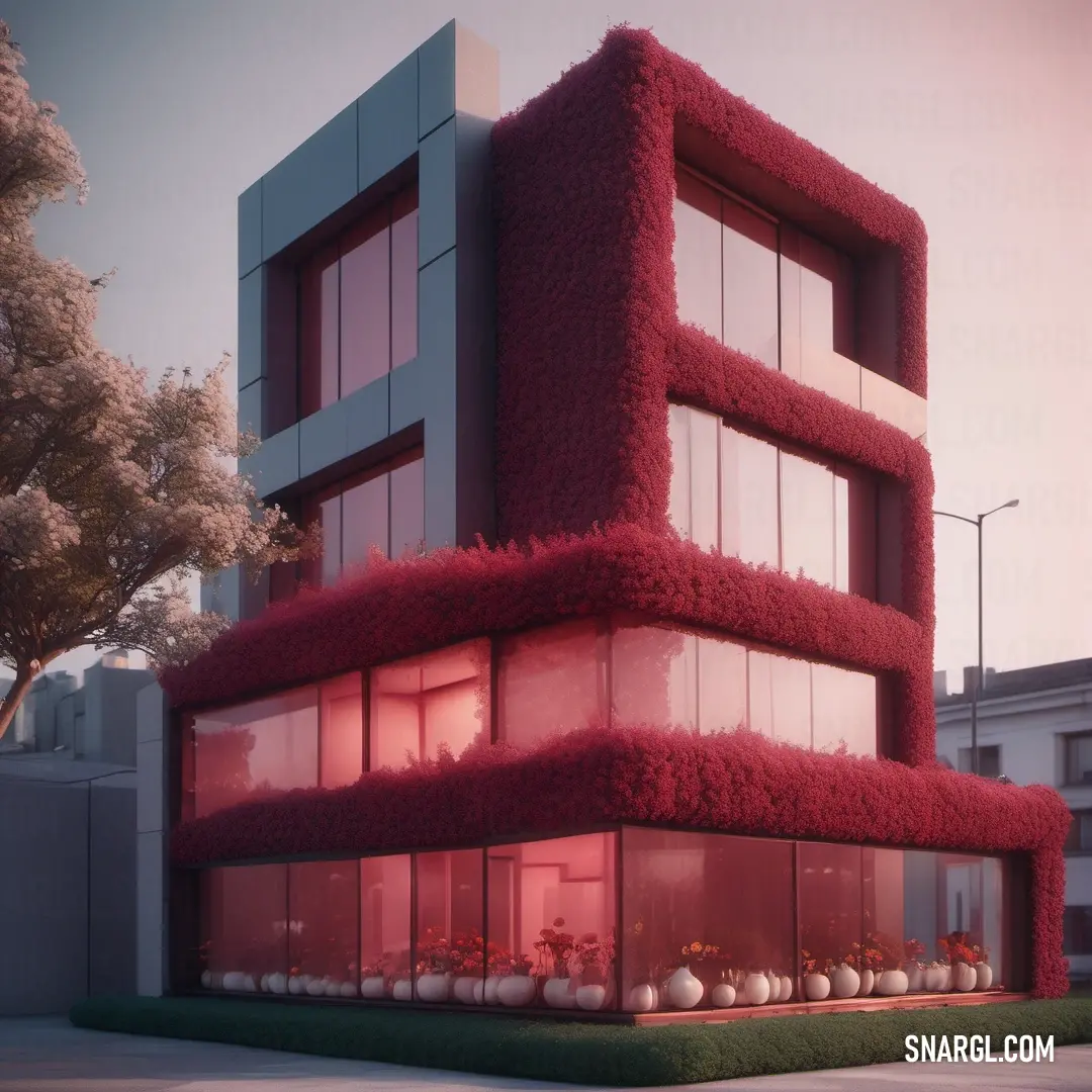 Building with a lot of windows and plants on the outside of it and a tree in front of it. Color CMYK 0,84,90,45.