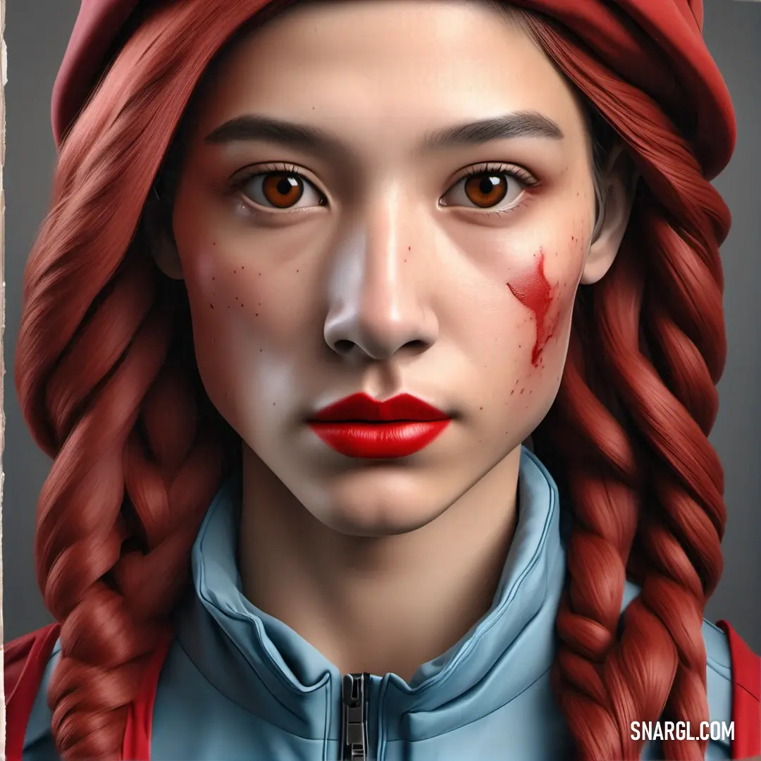 Digital painting of a woman with red hair and a red hat on her head and a red lipstick. Color NCS S 4050-Y70R.