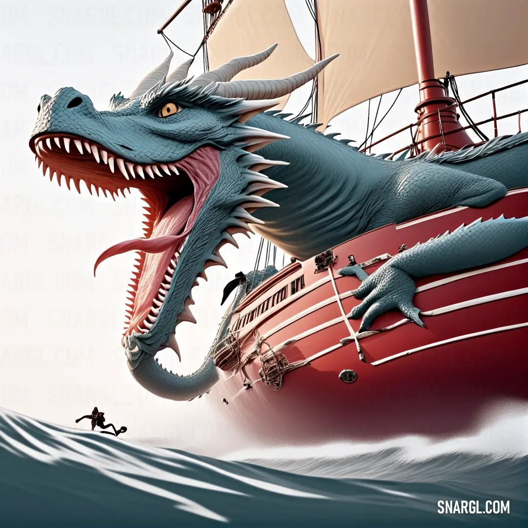 NCS S 4050-Y70R color example: Large dragon is attacking a boat in the ocean with a man swimming nearby in the water below it