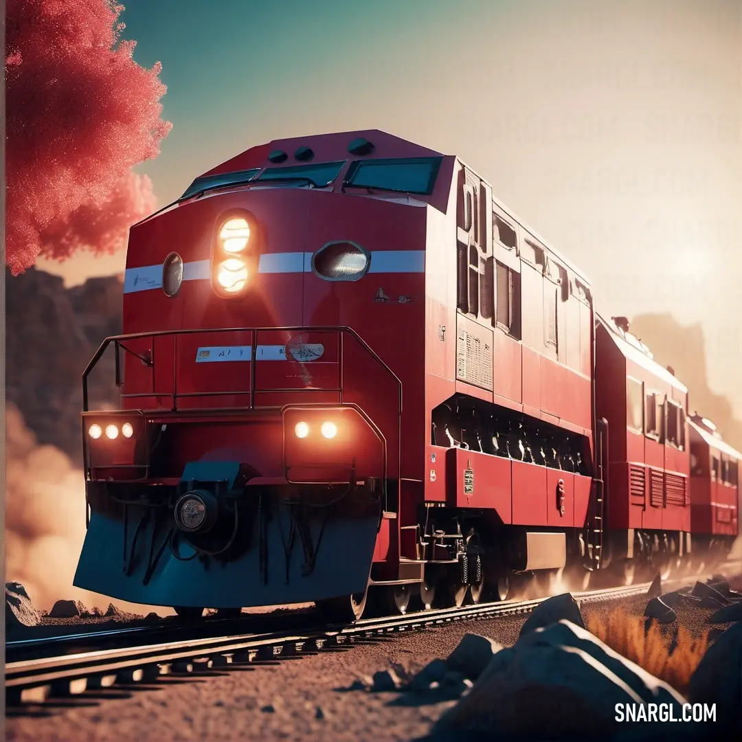 Red train traveling down train tracks next to a mountain range with smoke pouring out of it's stacks. Color CMYK 0,84,90,45.