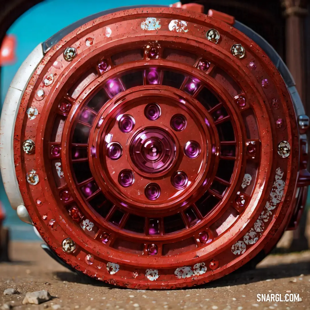 Red wheel with a lot of rivets on it on the ground next to a building, An Gyeon. Color CMYK 0,84,90,45.