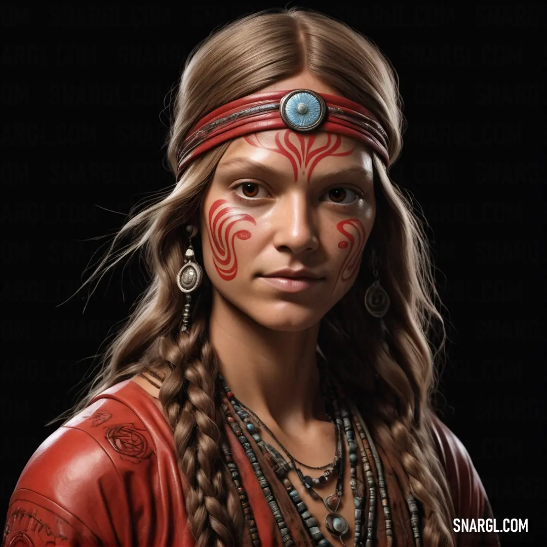 Woman with a red face paint and braids on her head and a black background. Color CMYK 0,84,90,45.