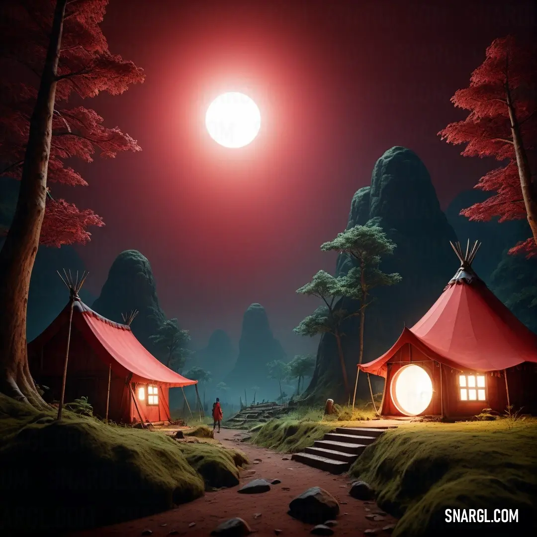 Red tent in the middle of a forest with a red moon above it. Color CMYK 0,85,70,45.