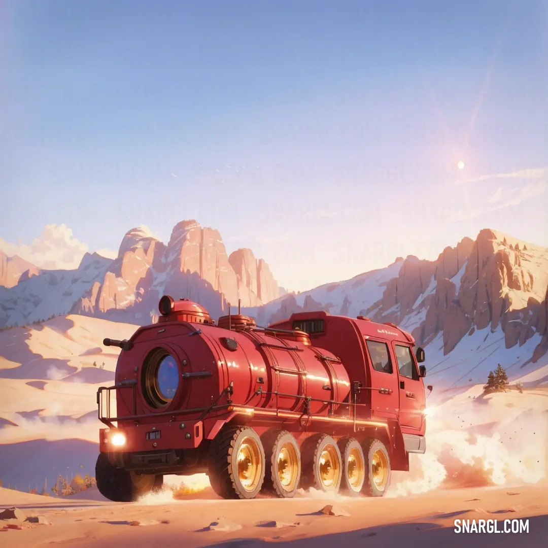 Red train traveling through a snow covered mountain range in the sun light of the day with a bright blue sky. Color #892725.
