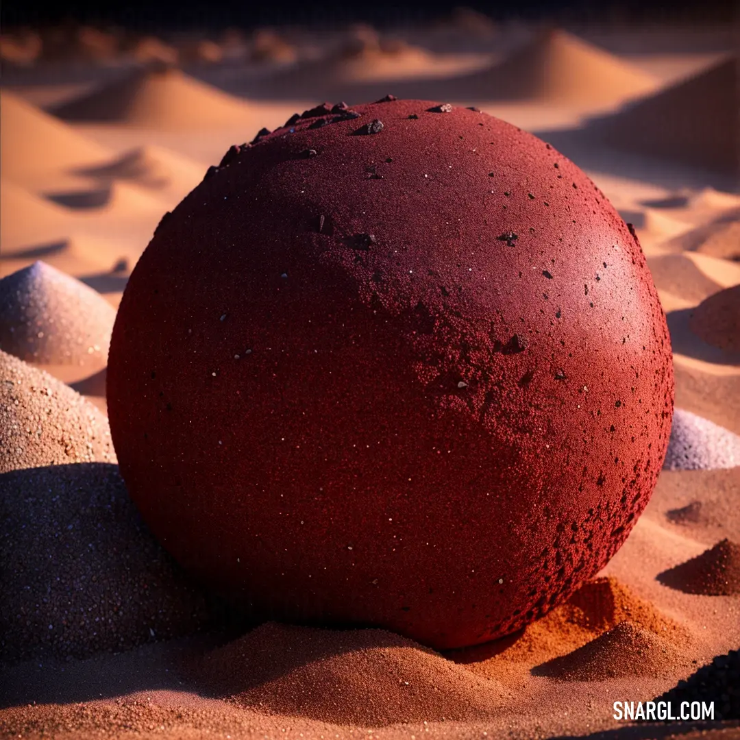NCS S 4050-Y90R color example: Red ball on top of a sandy beach next to a pile of sand dunes and a black sky