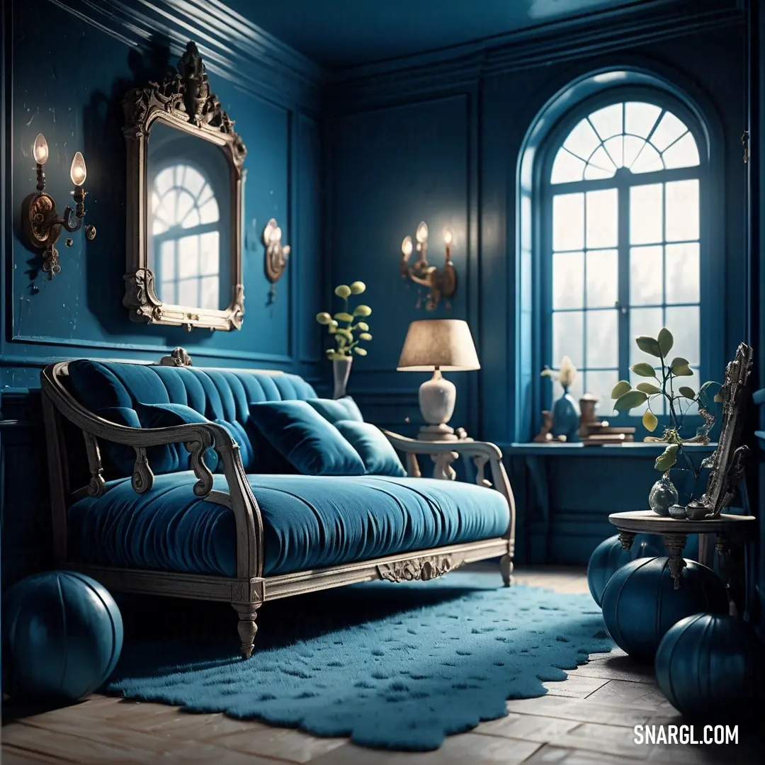 Blue couch in a blue room with a blue rug and a mirror on the wall above it. Example of NCS S 4055-B color.