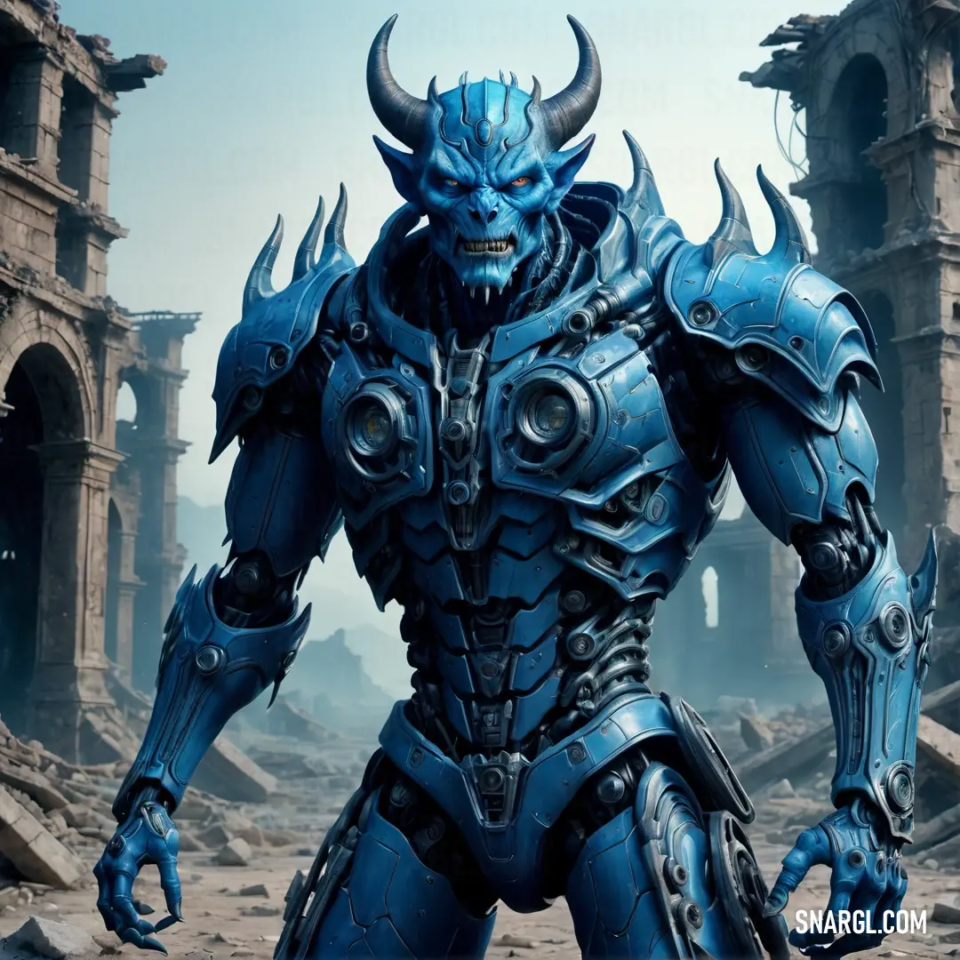 Blue demon with horns and horns on his head standing in a destroyed area with ruins. Example of #005271 color.