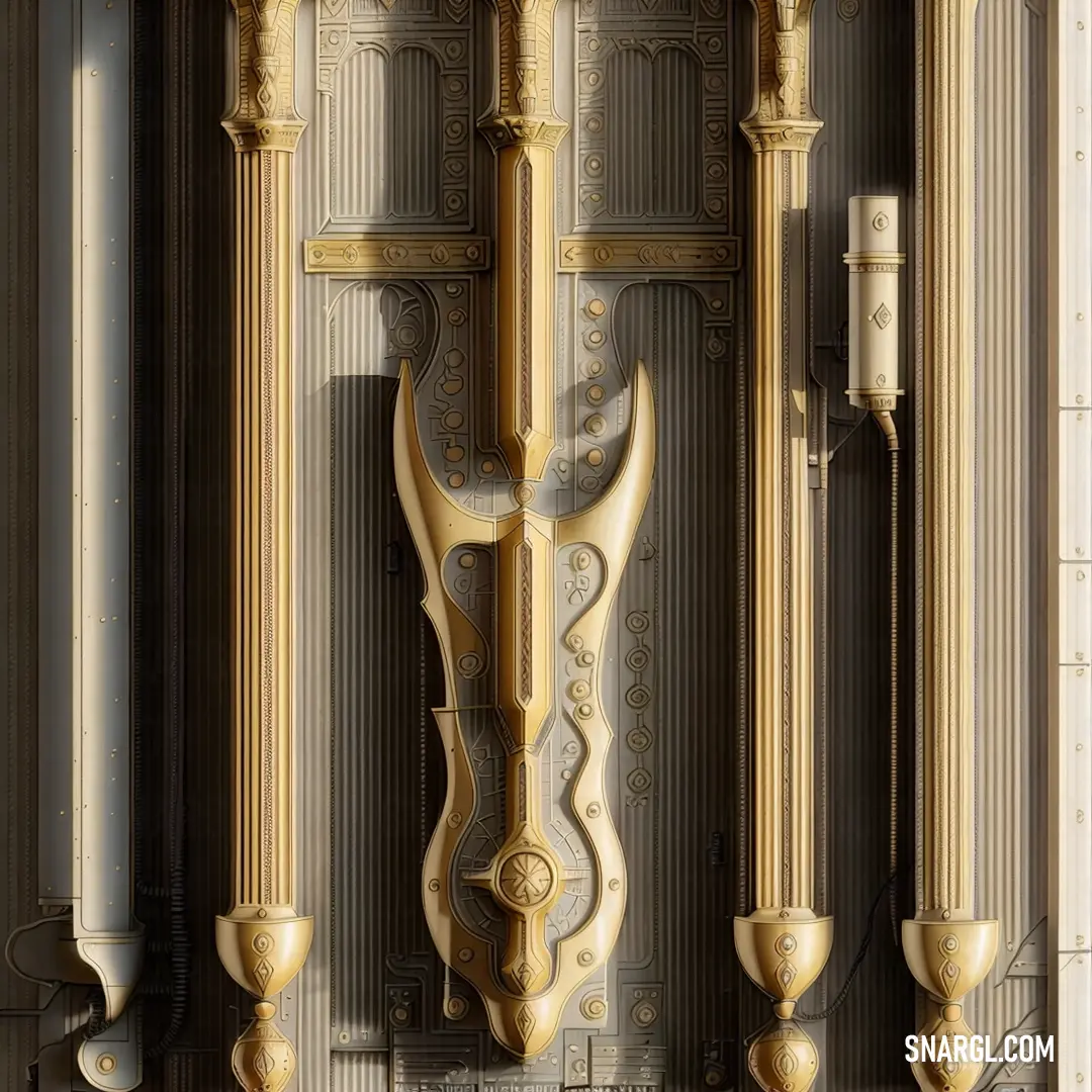 A stunning golden door in the shade of NCS S 4055-Y10R, featuring an intricate decorative pattern and an elegant handle. The door stands tall, with its design highlighting the sophisticated craftsmanship of its side wall.