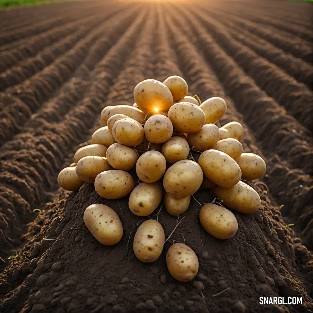 Sun-kissed potatoes lie scattered across a rich, earthy field, their subtle golden hues glowing in the warm sunlight, showcasing the vibrant life above and the nourishment below.