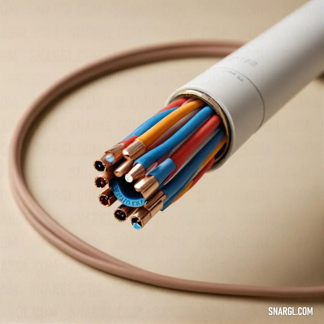 A detailed close-up features a unique cable with a white cord and a contrasting brown cord, elegantly displayed on a sleek tabletop, showcasing the intricate design and functionality of modern technology.