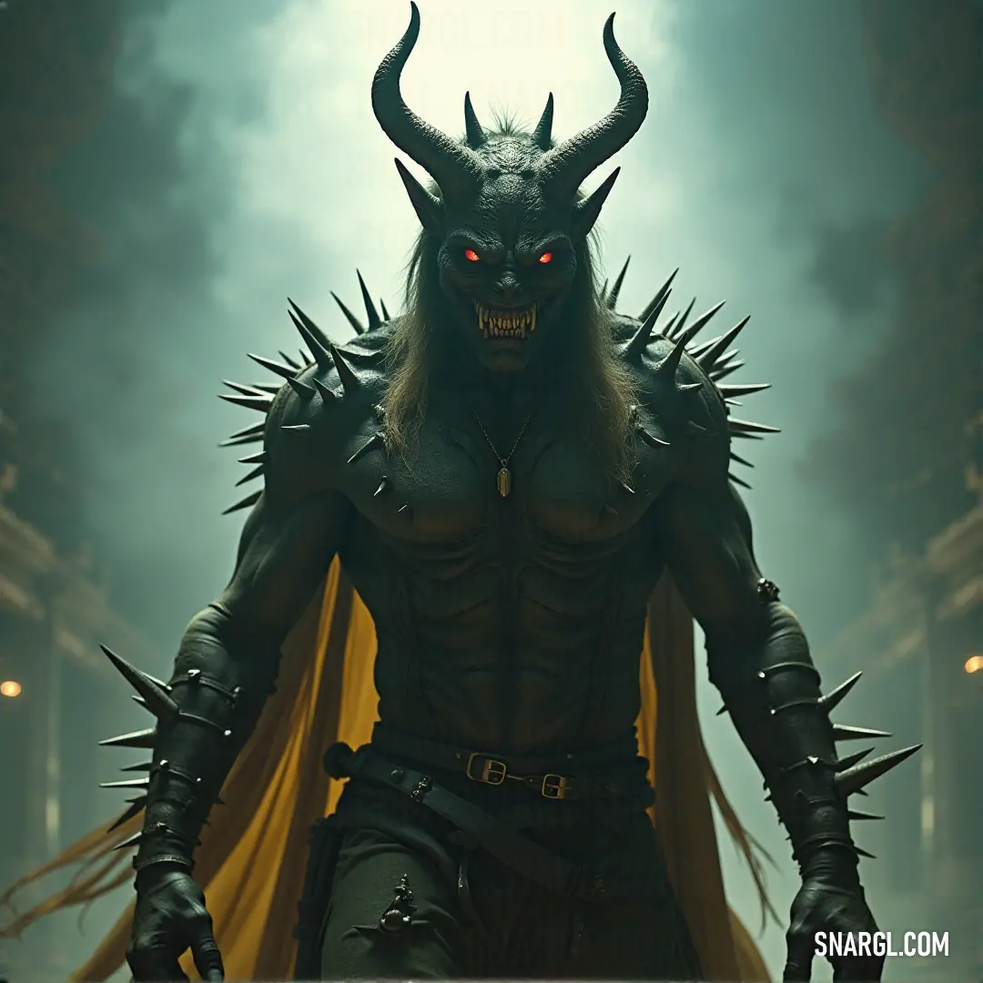 A fierce portrayal of a demonic figure with chiseled features, sporting formidable horns and menacing spikes, set against a moody backdrop filled with shadows.