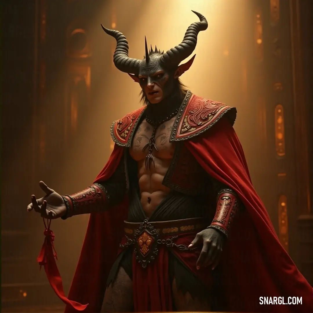 A striking representation of a man adorned in a horned costume, complete with a flowing cape, exuding an air of majesty and mystique against a soft-colored backdrop.