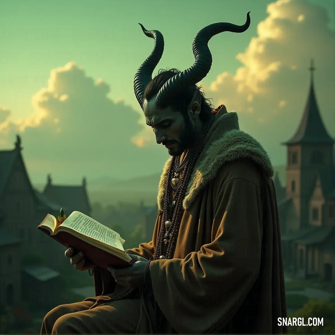 An impressive figure stands on a stone ledge, holding a book with a castle-like structure in the background, creating a sense of adventure and curiosity.