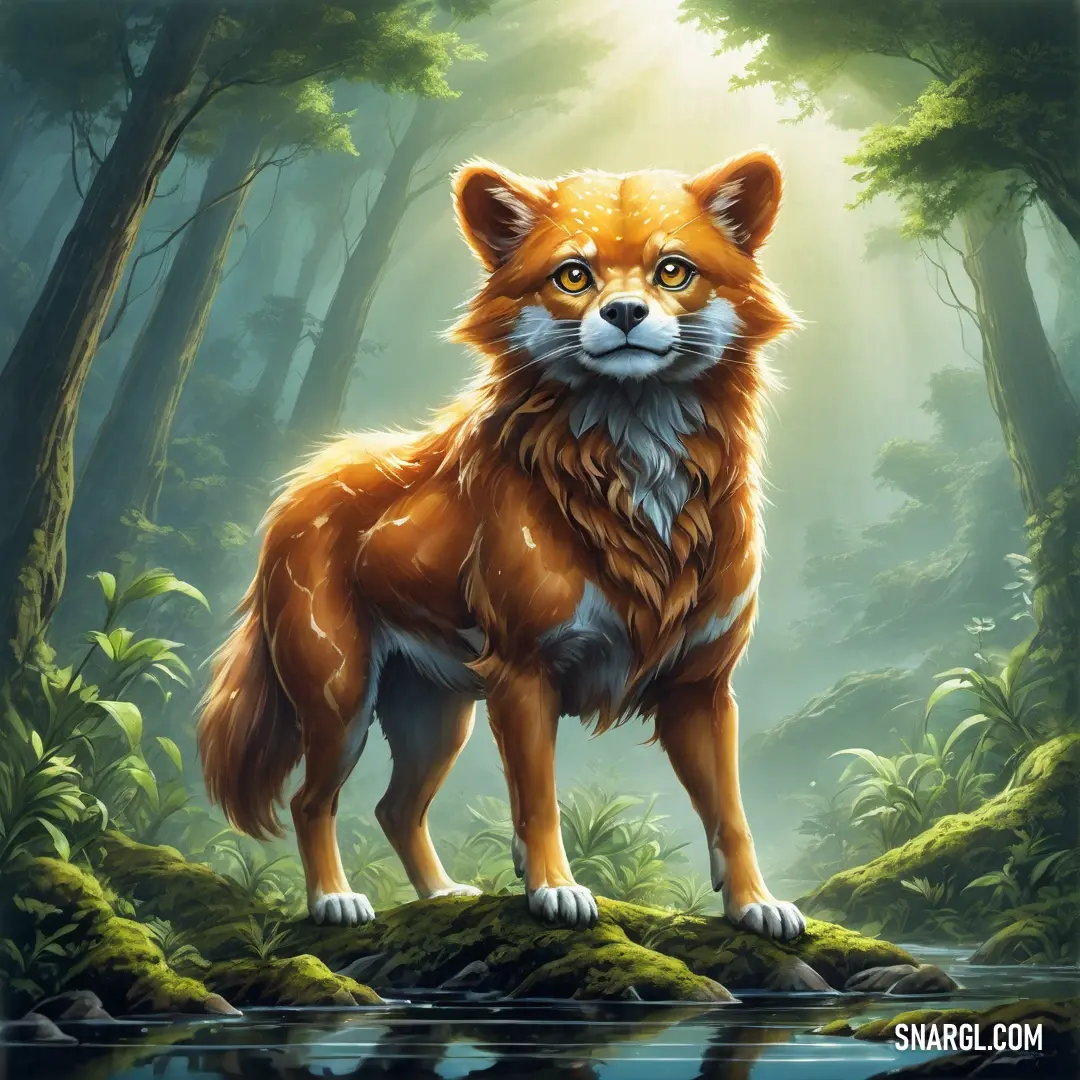 Painting of a fox standing on a rock in a forest. Example of RGB 149,95,0 color.