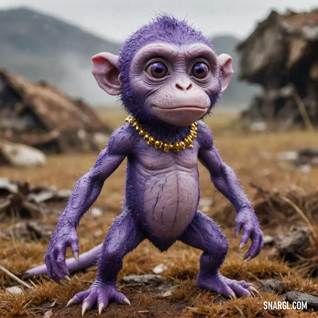 A whimsical purple monkey adorned with a shiny gold chain, piercing eyes, and a vibrant personality, poised against a backdrop of colorful foliage. The essence of playful charm radiates from this captivating creature.