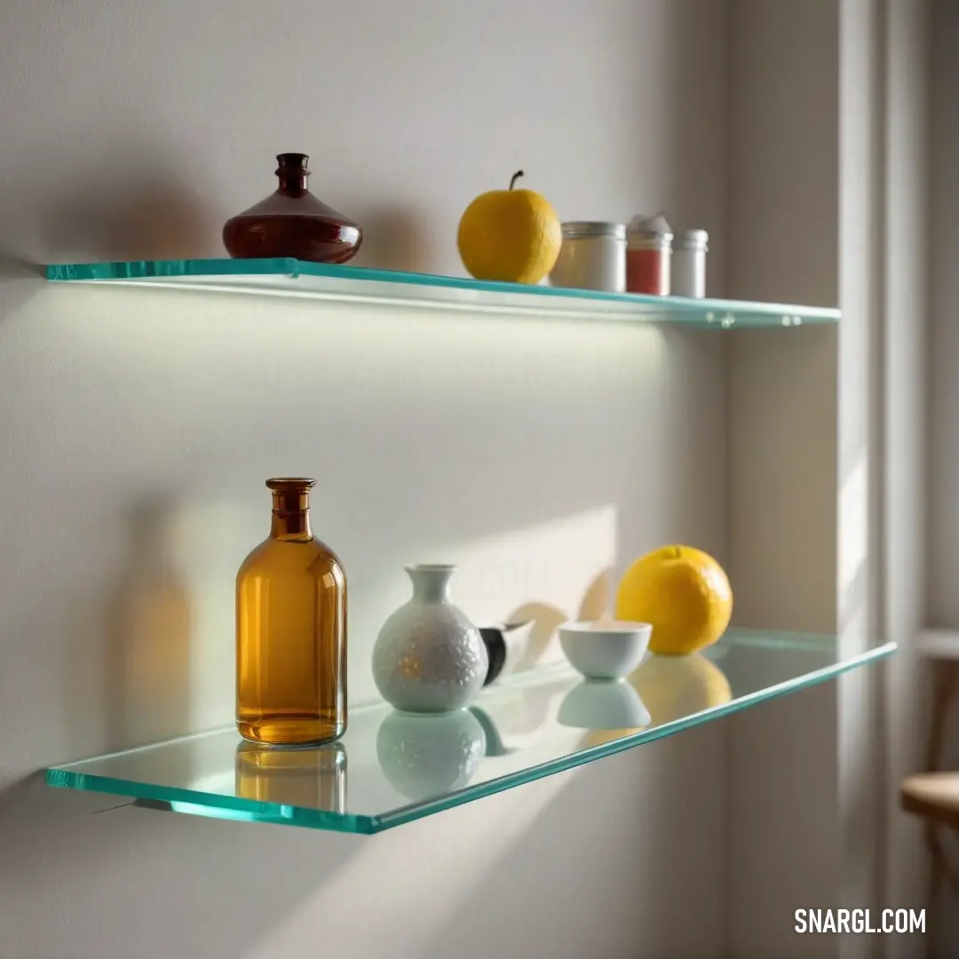 An atmospheric shelf brimming with eclectic bottles and bowls, crowned by a charming vase holding a bright lemon, elevates the scene with pops of color against a muted background.