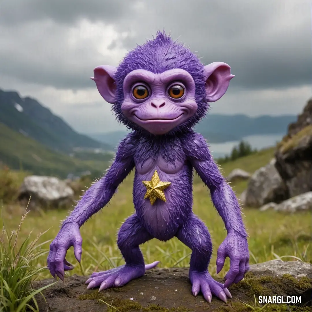 A charming purple monkey standing proudly on a rock, adorned with a glittering star on its chest, surrounded by lush greenery and majestic mountains in the distance, embodying the spirit of curiosity and exploration.