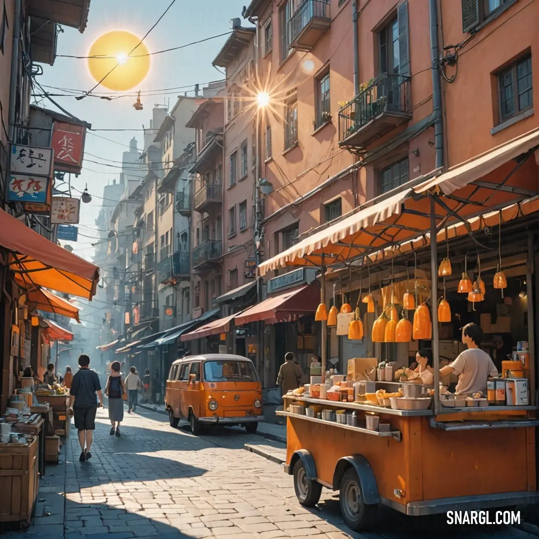 An energetic street scene unfolds with a lively food cart bustling amid pedestrians, all flavored by the presence of a yellow van parked nearby, wrapping the moment in urban charm and vibrancy.