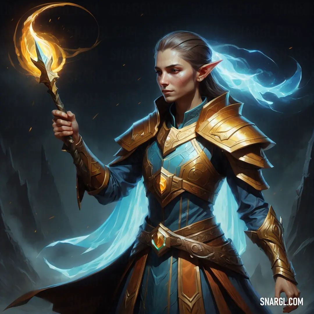 NCS S 4055-Y10R color example: Woman in a blue and gold outfit holding a torch and a flame in her hand, with a dark background